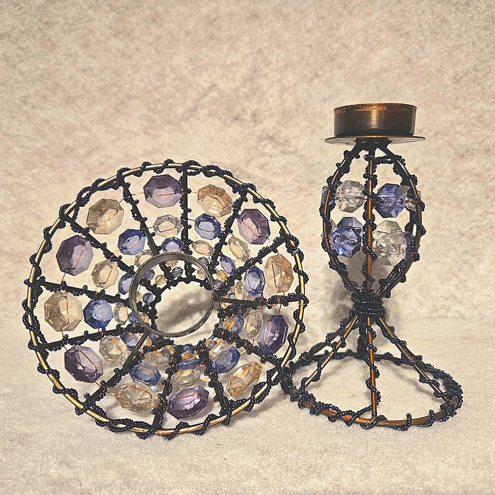 Bronze Parlor Lamp 12" Tealight Candle Holder Blue Beaded Copper Wire Wrapped - Picture 3 of 6